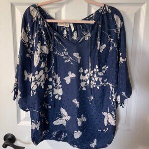 Yummi Kim Women's Silk Blouse with Cream Butterflies and Sleeve Ties Size L